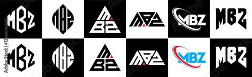 MBZ letter logo design in six style. MBZ polygon, circle, triangle, hexagon, flat and simple style with black and white color variation letter logo set in one artboard. MBZ minimalist and classic logo
