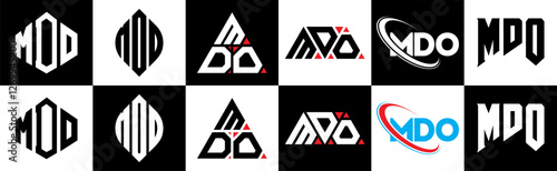MDO letter logo design in six style. MDO polygon, circle, triangle, hexagon, flat and simple style with black and white color variation letter logo set in one artboard. MDO minimalist and classic logo