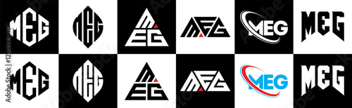 MEG letter logo design in six style. MEG polygon, circle, triangle, hexagon, flat and simple style with black and white color variation letter logo set in one artboard. MEG minimalist and classic logo