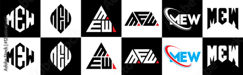 MEW letter logo design in six style. MEW polygon, circle, triangle, hexagon, flat and simple style with black and white color variation letter logo set in one artboard. MEW minimalist and classic logo