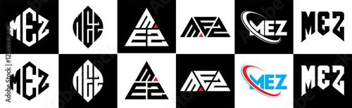 MEZ letter logo design in six style. MEZ polygon, circle, triangle, hexagon, flat and simple style with black and white color variation letter logo set in one artboard. MEZ minimalist and classic logo