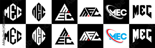 MEC letter logo design in six style. MEC polygon, circle, triangle, hexagon, flat and simple style with black and white color variation letter logo set in one artboard. MEC minimalist and classic logo