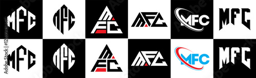 MFC letter logo design in six style. MFC polygon, circle, triangle, hexagon, flat and simple style with black and white color variation letter logo set in one artboard. MFC minimalist and classic logo