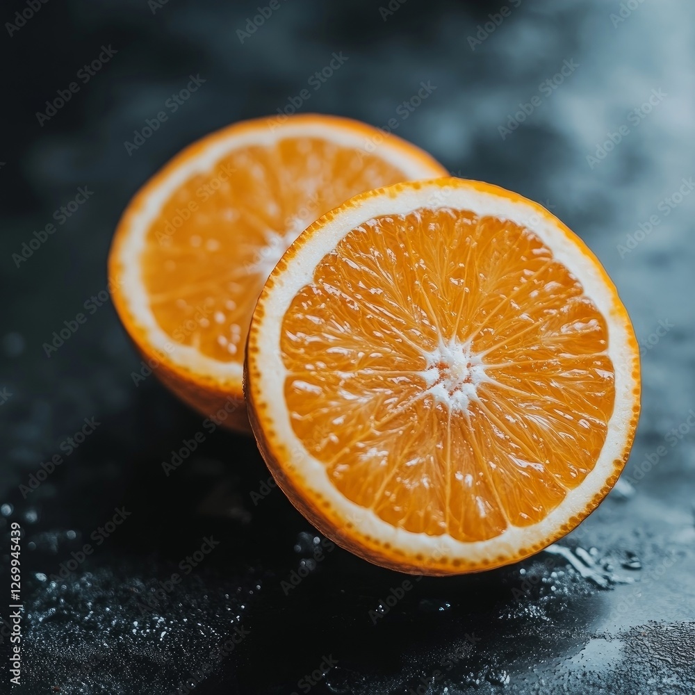 single ripe orange cut in half, revealing the juicy interior against a dark background single ripe orange cut in half, revealing the juicy interior against a dark background