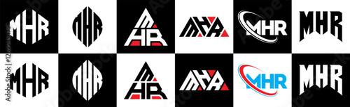 MHR letter logo design in six style. MHR polygon, circle, triangle, hexagon, flat and simple style with black and white color variation letter logo set in one artboard. MHR minimalist and classic logo