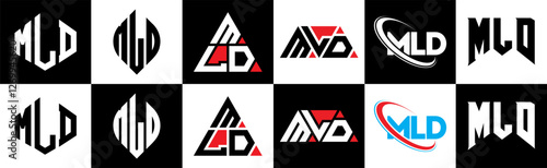 MLD letter logo design in six style. MLD polygon, circle, triangle, hexagon, flat and simple style with black and white color variation letter logo set in one artboard. MLD minimalist and classic logo