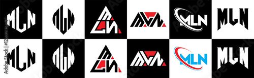 MLN letter logo design in six style. MLN polygon, circle, triangle, hexagon, flat and simple style with black and white color variation letter logo set in one artboard. MLN minimalist and classic logo