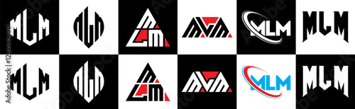 MLM letter logo design in six style. MLM polygon, circle, triangle, hexagon, flat and simple style with black and white color variation letter logo set in one artboard. MLM minimalist and classic logo