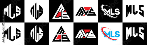 MLS letter logo design in six style. MLS polygon, circle, triangle, hexagon, flat and simple style with black and white color variation letter logo set in one artboard. MLS minimalist and classic logo