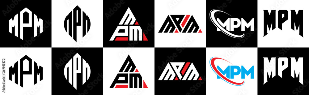 Obraz premium MPM letter logo design in six style. MPM polygon, circle, triangle, hexagon, flat and simple style with black and white color variation letter logo set in one artboard. MPM minimalist and classic logo