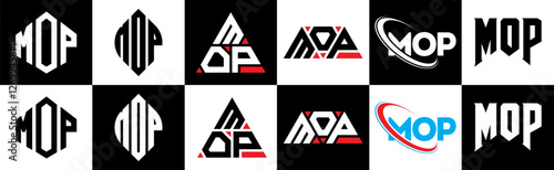 MOP letter logo design in six style. MOP polygon, circle, triangle, hexagon, flat and simple style with black and white color variation letter logo set in one artboard. MOP minimalist and classic logo