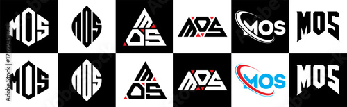 MOS letter logo design in six style. MOS polygon, circle, triangle, hexagon, flat and simple style with black and white color variation letter logo set in one artboard. MOS minimalist and classic logo