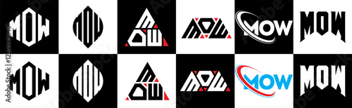 MOW letter logo design in six style. MOW polygon, circle, triangle, hexagon, flat and simple style with black and white color variation letter logo set in one artboard. MOW minimalist and classic logo