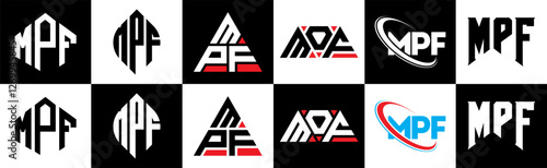 MPF letter logo design in six style. MPF polygon, circle, triangle, hexagon, flat and simple style with black and white color variation letter logo set in one artboard. MPF minimalist and classic logo
