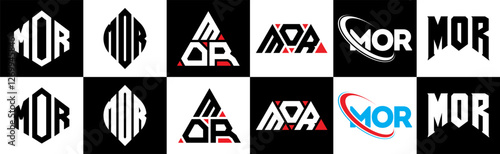 MOR letter logo design in six style. MOR polygon, circle, triangle, hexagon, flat and simple style with black and white color variation letter logo set in one artboard. MOR minimalist and classic logo