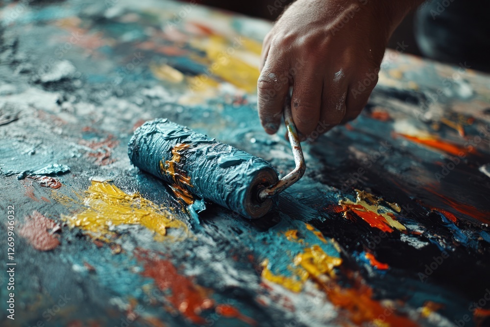 Close-up of an artist painting with a textured roller and vibrant paints Close-up of an artist painting with a textured roller and vibrant paints