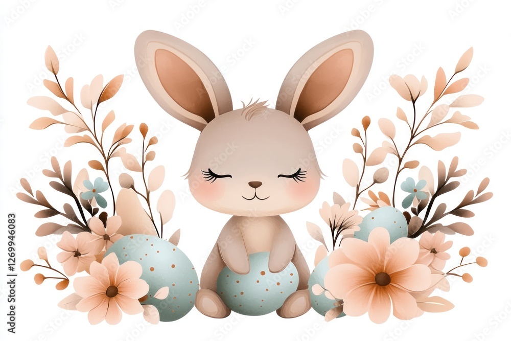 Fototapeta premium Cute easter bunny surrounded by flowers and pastel eggs