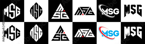 MSG letter logo design in six style. MSG polygon, circle, triangle, hexagon, flat and simple style with black and white color variation letter logo set in one artboard. MSG minimalist and classic logo