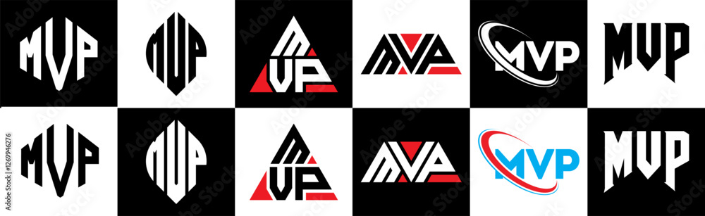 Obraz premium MVP letter logo design in six style. MVP polygon, circle, triangle, hexagon, flat and simple style with black and white color variation letter logo set in one artboard. MVP minimalist and classic logo