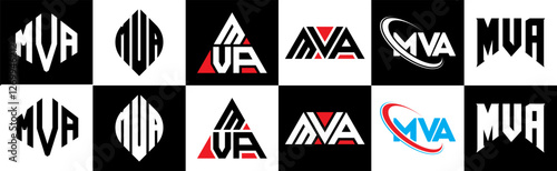 MVA letter logo design in six style. MVA polygon, circle, triangle, hexagon, flat and simple style with black and white color variation letter logo set in one artboard. MVA minimalist and classic logo