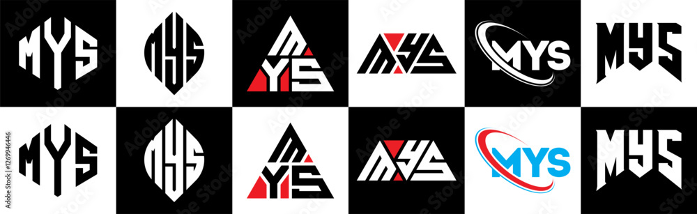 MYS letter logo design in six style. MYS polygon, circle, triangle, hexagon, flat and simple style with black and white color variation letter logo set in one artboard. MYS minimalist and classic logo MYS letter logo design in six style. MYS polygon, circle, triangle, hexagon, flat and simple style with black and white color variation letter logo set in one artboard. MYS minimalist and classic logo