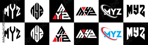 MYZ letter logo design in six style. MYZ polygon, circle, triangle, hexagon, flat and simple style with black and white color variation letter logo set in one artboard. MYZ minimalist and classic logo