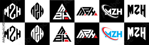 MZH letter logo design in six style. MZH polygon, circle, triangle, hexagon, flat and simple style with black and white color variation letter logo set in one artboard. MZH minimalist and classic logo