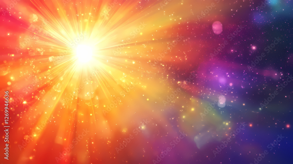 Colorful cosmic scene featuring radiant glowing sun in captivating image. Cosmic River Gods. Illustration