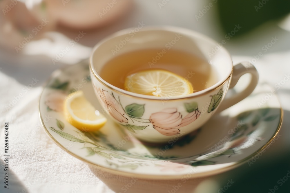 delicate ceramic teacup with hand-painted tulip details, filled with warm herbal tea and a floating lemon slice delicate ceramic teacup with hand-painted tulip details, filled with warm herbal tea and a floating lemon slice