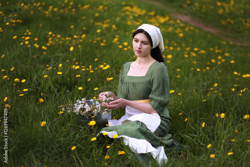 Fotografie Young woman in green peasant dress sitting on dandelion field