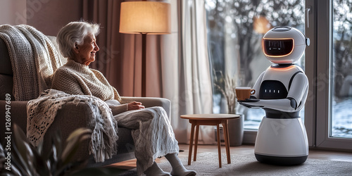 Humanoid robot assisting and serving coffee elderly woman at home - robots and AI concept photo