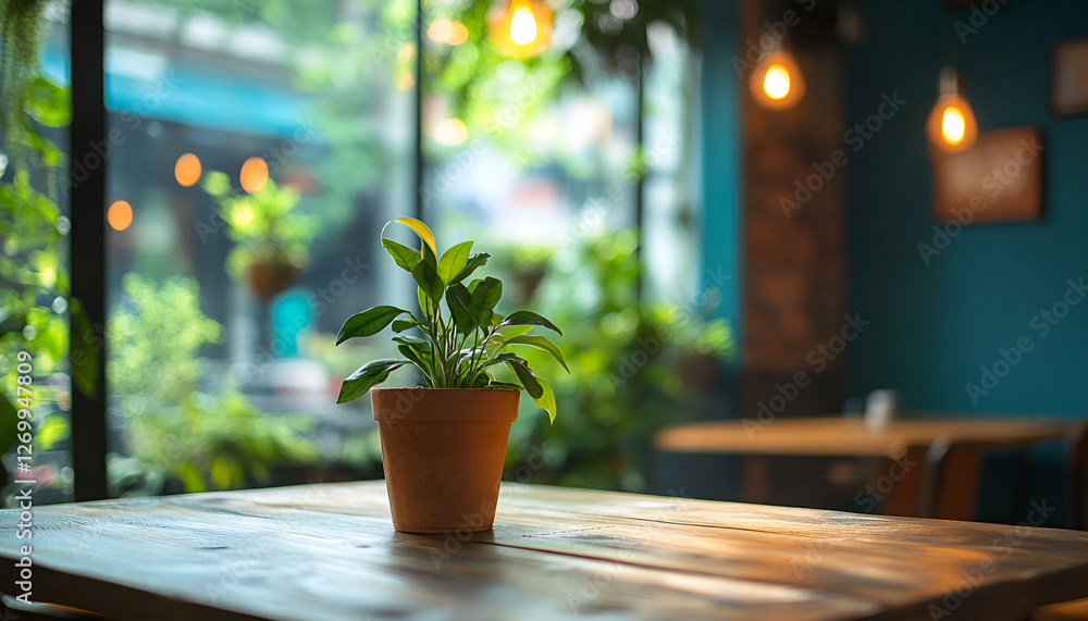 Rustic wooden table in cozy cafe interior with warm lighting and greenery Rustic wooden table in cozy cafe interior with warm lighting and greenery