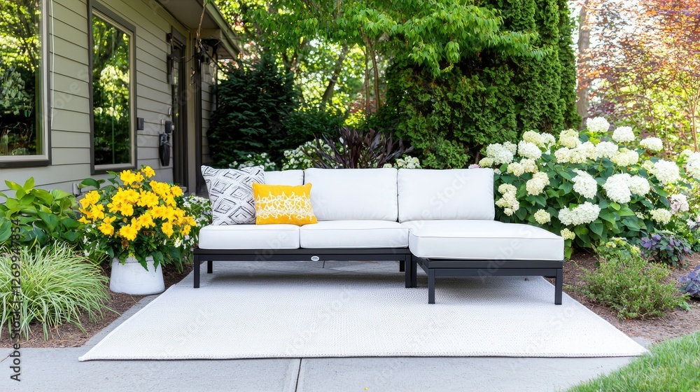 Obraz premium Outdoor sectional sofa on patio, lush garden