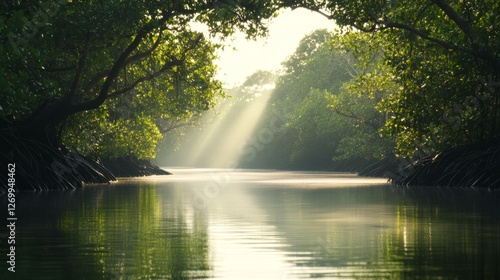 Sunlight streams through mangrove forest canal