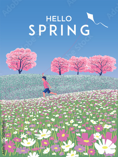 Hello, spring! Springtime's poster or banner. Vector illustration of nature, landscape, sakura or cherry blossom, meadow with spring flowers, boy with a kite. Handmade drawing doodle cartoon.