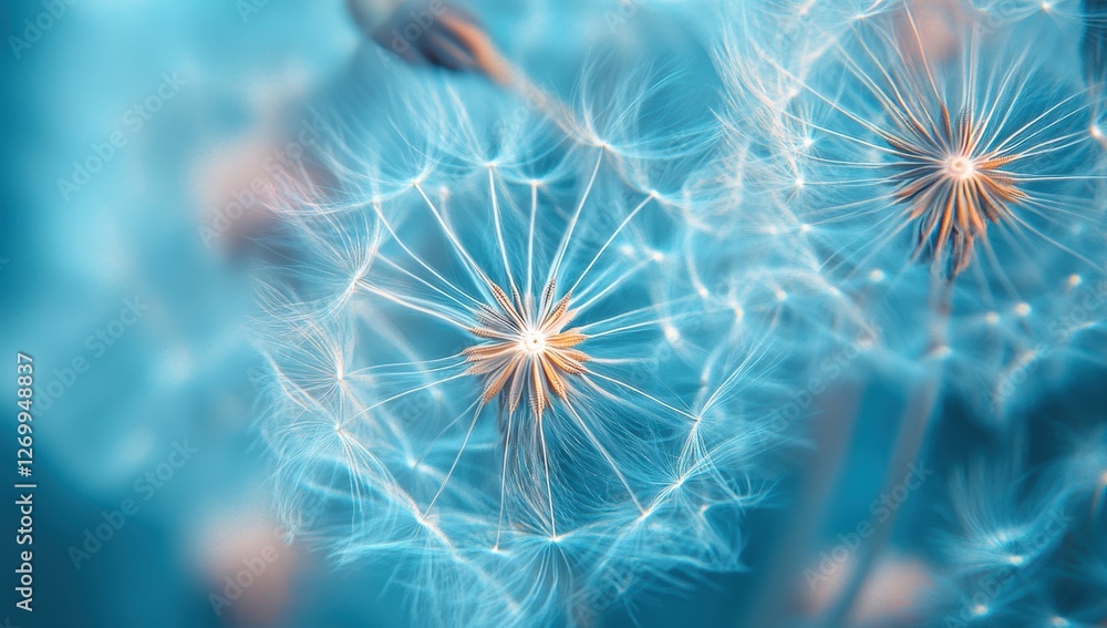 Obraz premium Macro shot of dandelion seeds with soft blue background
