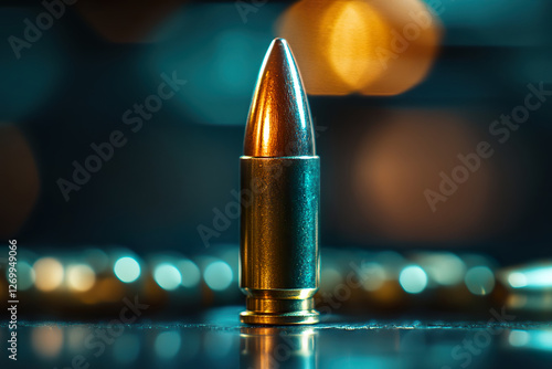 A closeup photo of a bullet with a large pointed brass warhead standing on a table. photo