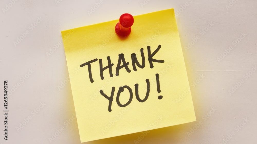 Yellow sticky note displays thank you message pinned up Yellow sticky note displays thank you message pinned up