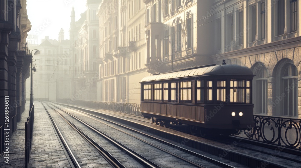 Fototapeta premium Vintage Tram in Misty European Cityscape. Possible use Stock photo for travel, history, or urban settings