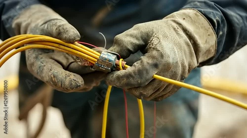 Close-up of dirty work gloves connecting yellow fiber optic cables.