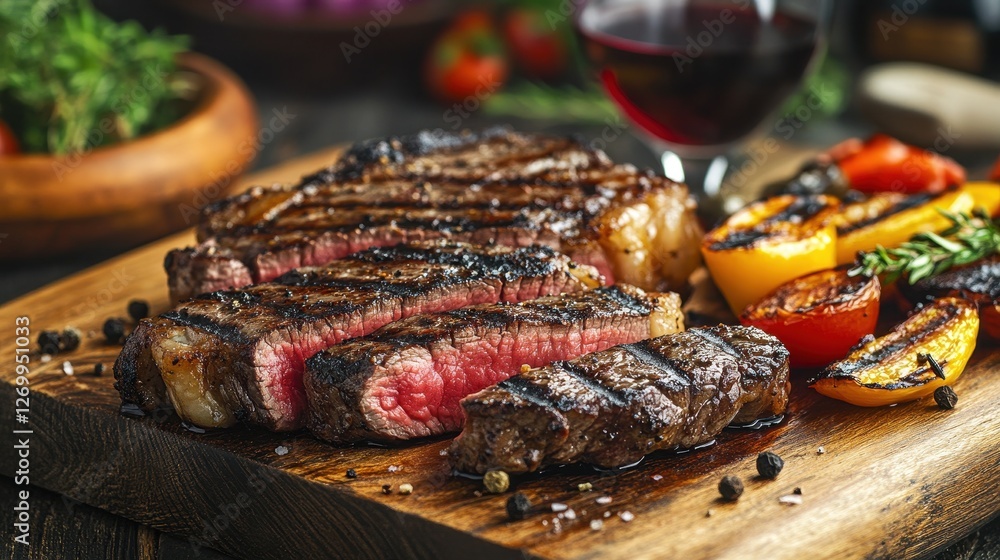 Delicious grilled beef steak served with colorful vegetables and a glass of red wine, showcasing a perfect gourmet meal. Delicious grilled beef steak served with colorful vegetables and a glass of red wine, showcasing a perfect gourmet meal.