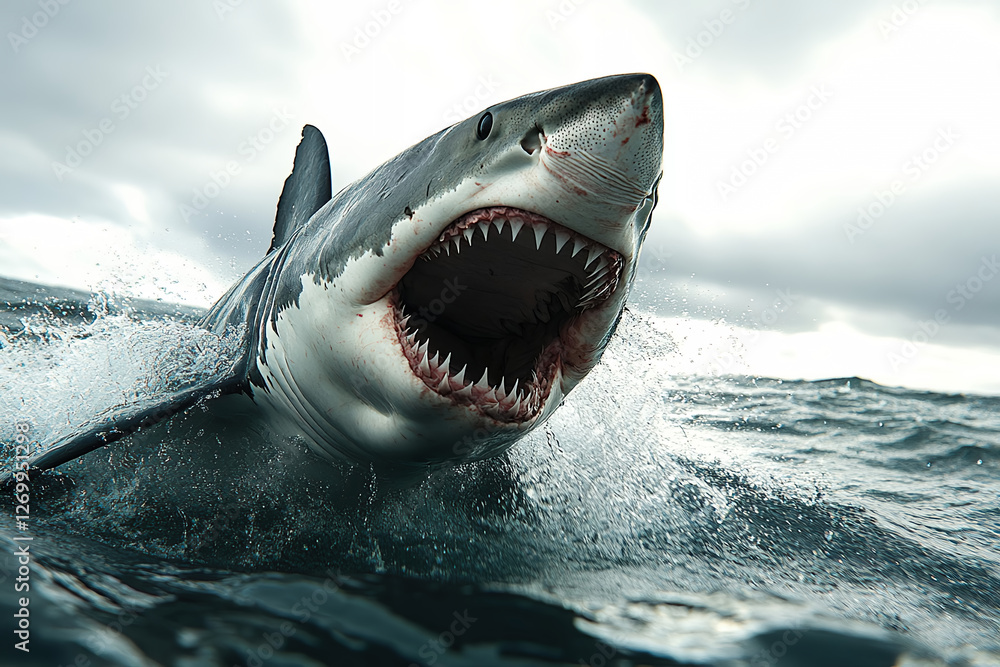 Obraz premium An image captured at the moment of a dangerous and scary shark jumping out of the sea with its mouth wide open and its sharp teeth raised.