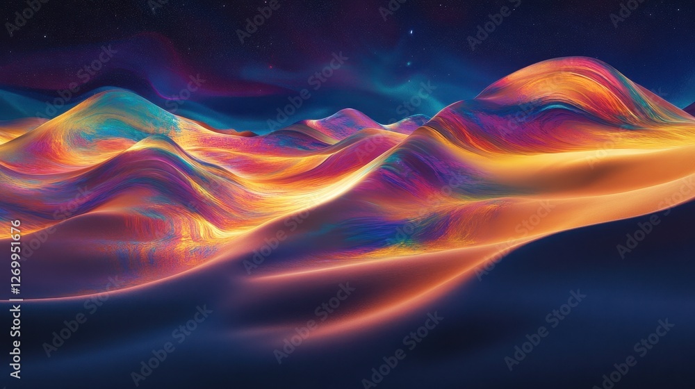 Fototapeta premium Vibrant, abstract landscape of undulating waves in rich hues of orange, pink, and blue, creating a mesmerizing and dreamlike atmosphere.