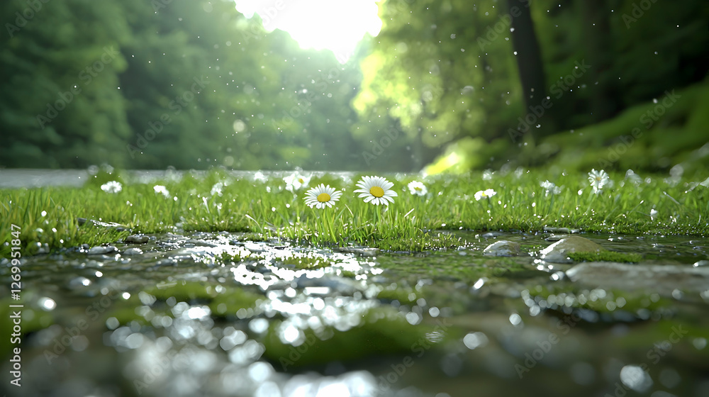 Fototapeta premium White daisies bloom in lush green grass during a gentle rain shower in a sunlit forest.