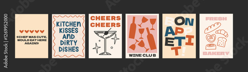 Abstract food posters for the kitchen. Culinary compositions in cartoon trendy style of Matisse. Decor for kitchens, cafes and restaurants. Minimalist banners for wall decor, prints, wallpaper.