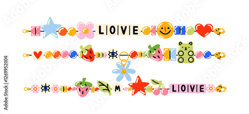 Cartoon friendship bracelets set. Handmade beaded jewelry with letters, stars, hearts, and animals. Colorful funky nostalgic  DIY accessories in retro doodle style.