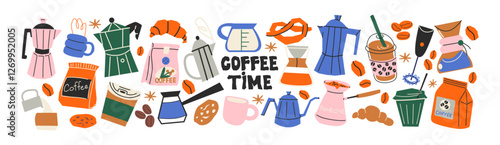 Coffee stickers set. Coffee makers, kettles, brewing, arabica coffee, glass,espresso,cappuccino, beans.Graphic doodle minimalist retro icons.Coffee shop patches
