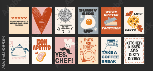Abstract food posters for the kitchen. Culinary compositions in cartoon trendy style of Matisse. Decor for kitchens, cafes and restaurants. Minimalist banners for wall decor, prints, wallpaper.