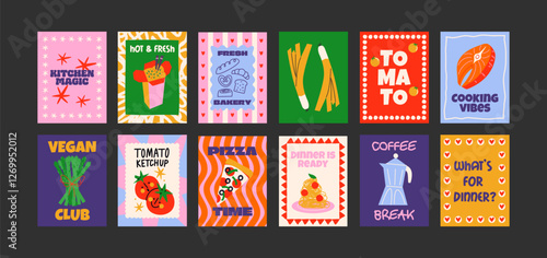 Abstract food posters for the kitchen. Culinary compositions in cartoon trendy style of Matisse. Decor for kitchens, cafes and restaurants. Minimalist banners for wall decor, prints, wallpaper.