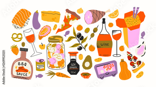 Basic food products from the supermarket. Grocery goods, dishes, baked goods, drinks, delicacies, ingredients. Fresh grocery products vegetables and fruits. Doodle cartoon retro supermarket stickers